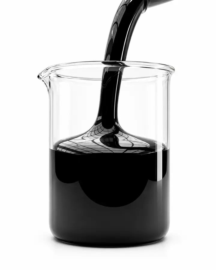 Concept illustration of liquid biochar pouring into a clear laboratory beaker.