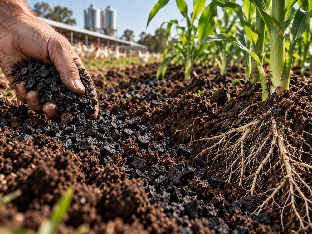 Concept illustration of solid biochar incorporated into the root zone.