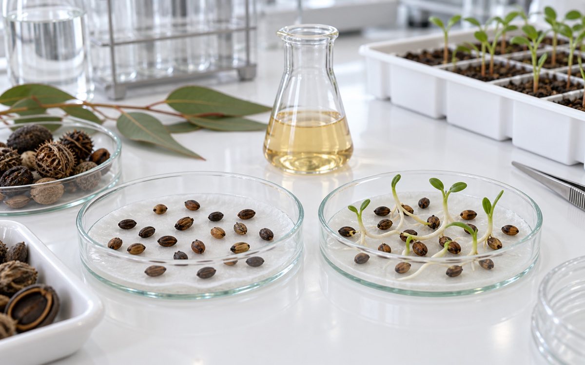 Illustrative laboratory scene with unsprouted seeds in one dish and emerging seedlings in another.