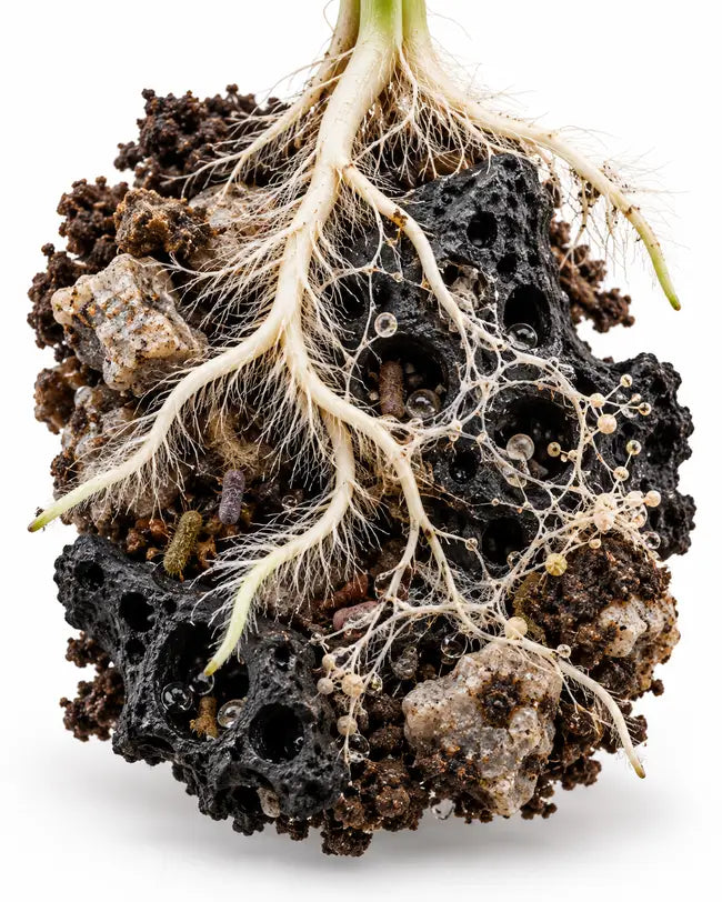 Concept illustration of roots, porous carbon and soil life working together.