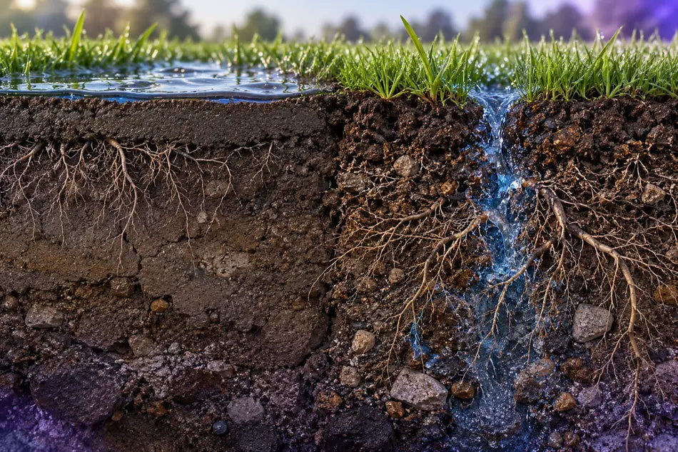 Concept illustration of water entering an existing soil pathway beneath turf.