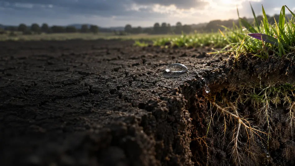 Concept illustration of water entering a soil profile beside grass roots.