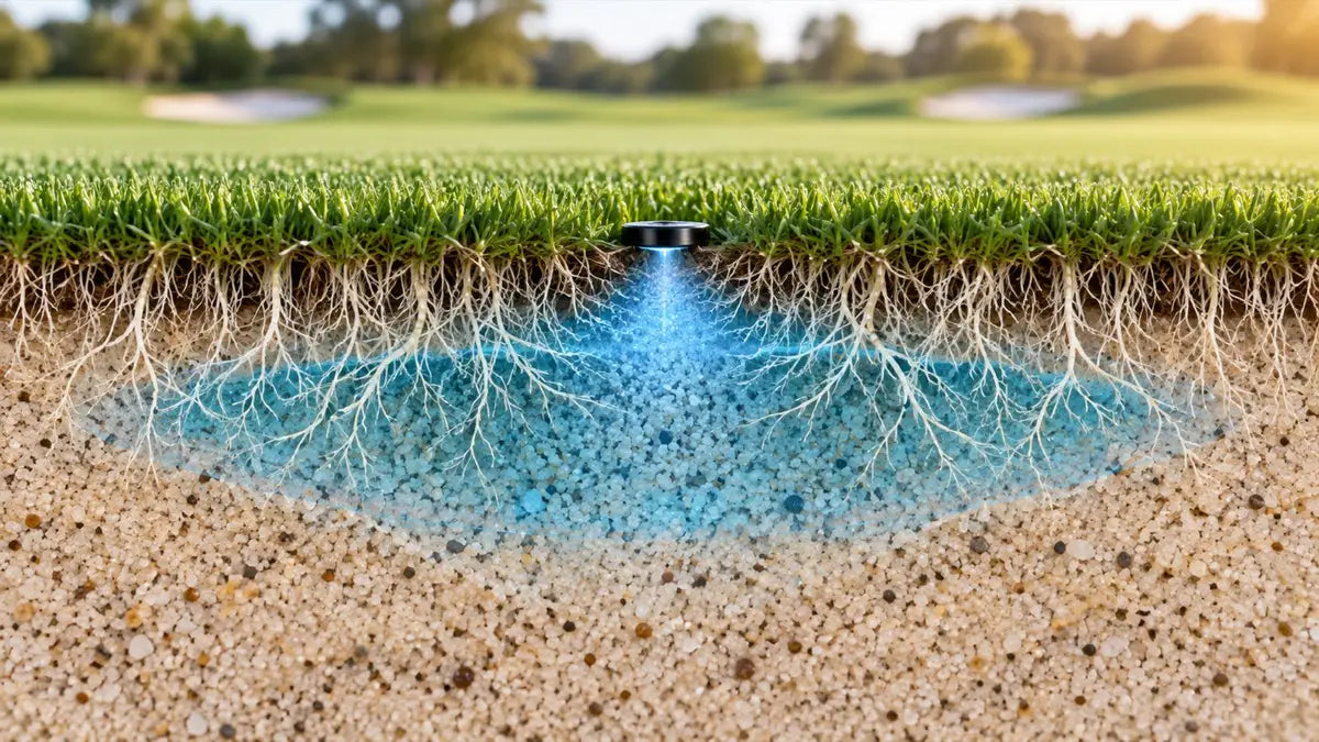 Illustrative broad wetting pattern around turf roots after using SAND FIXER.