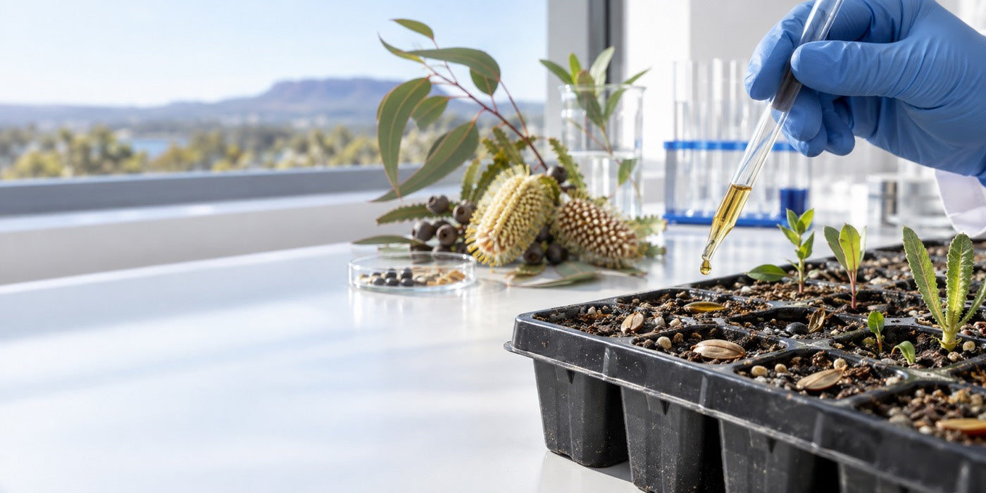 Concept photograph of a measured amber liquid being applied beside Australian native seeds and emerging seedlings.