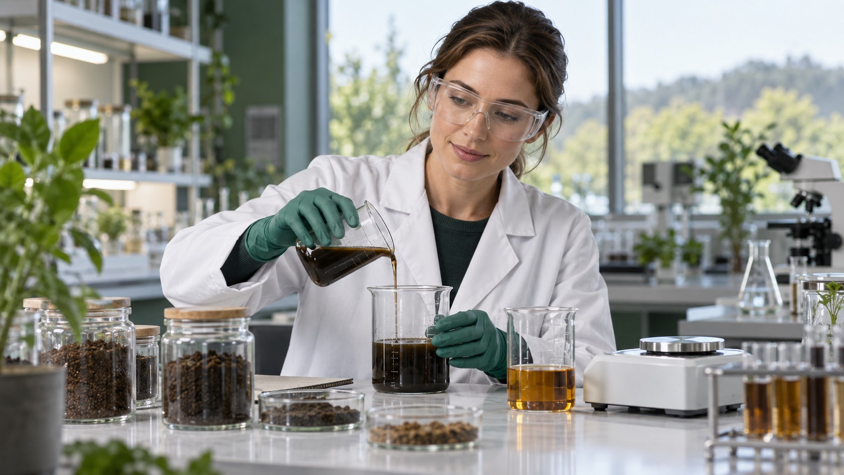 Scientist formulating soil treatments at a laboratory workbench.