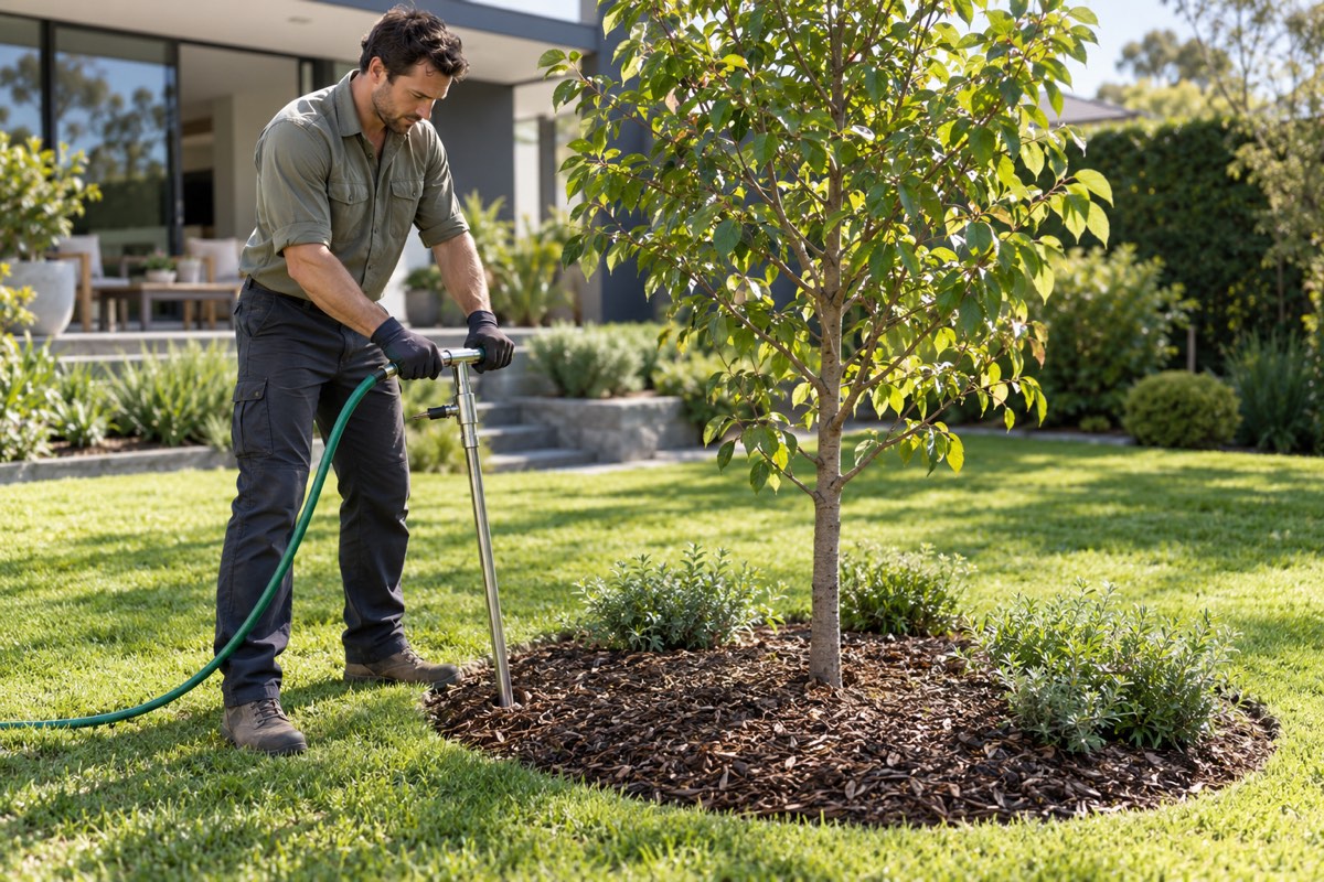 Illustration of root-zone injection watering in a residential garden